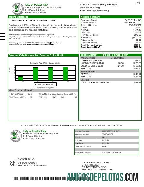 em branco CIDADE DOS EUA DE FOSTER CITY Business Utility Bill Word e modelo PDF